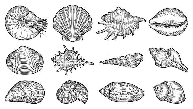 Hand drawn sketch collection of various ocean seashells vector illustration