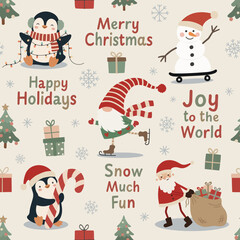 Fototapeta premium Cute Christmas seamless pattern with penguins, Santa, gnome, snowman, gifts for wrapping paper, cards, textiles, kids decor