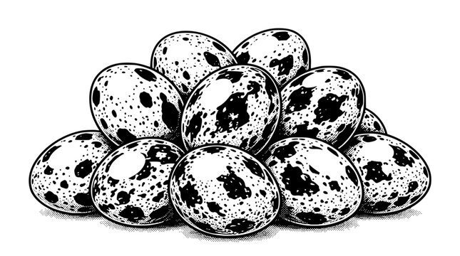 A black and white illustration of quail eggs in a pile