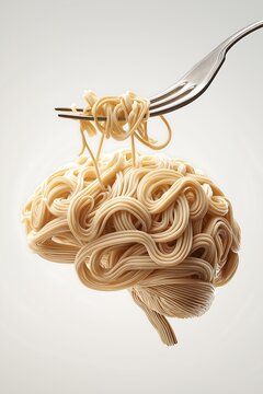 Fork holding noodles shaped like a brain in a simple setting