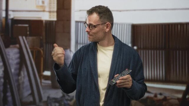 Man in bathrobe wearing glasses holding a tv remote and giving thumbs up in a warehouse storage area with corrugated metal walls, pallets and stacked materials; relaxed approval.