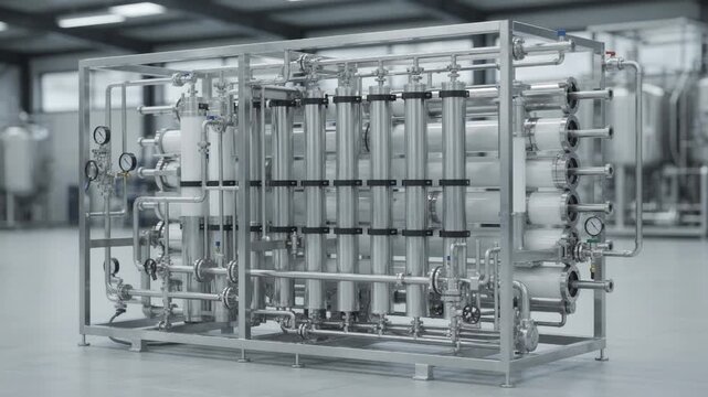 Medium shot of a modular advanced membrane separation skid with sleek highperformance membranes designed for efficient solvent recovery in an industrial processing environment
