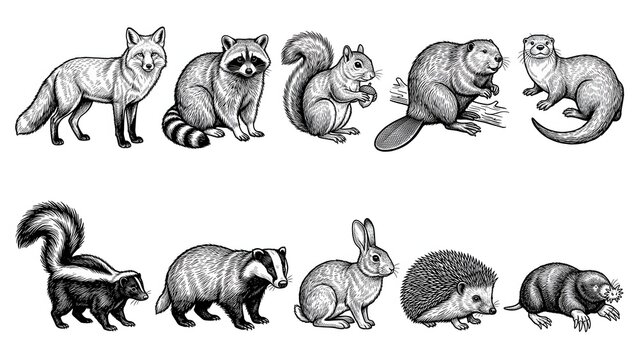 Hand drawn sketch collection of small wild mammals vector illustration