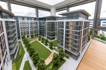 Fototapeta premium Architectural model of a modern residential complex with a central green courtyard and contemporary building design.