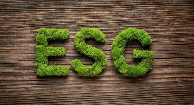 Flat lay ESG letters carved green moss rustic oak wood.