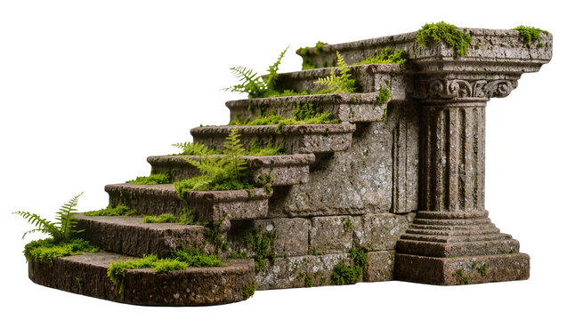 Ancient stone staircase with moss and ferns, isolated on transparent background