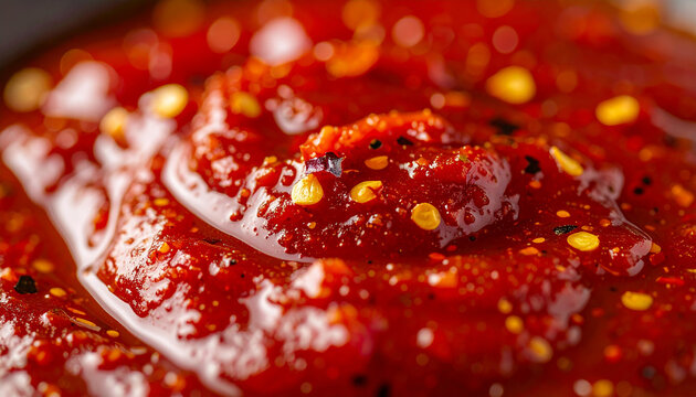 Richly spiced mala sauce with dried red chili seeds, glossy texture, vibrant street food condiment. Close-up.