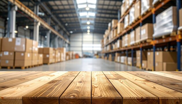 Warehouse interior with wooden tabletop foreground and stacked boxes