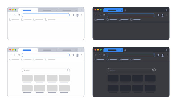 browser window mockup. web browser Light and dark theme.web tab, toolbar and search. search bar. Search in internet Template.
