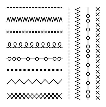 Set of dashed straight lines of different styles. Various dotted lines set. Different types of dashed line or dotted border divider set 