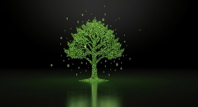 Digital tree glowing green binary code shedding leaves black floor.