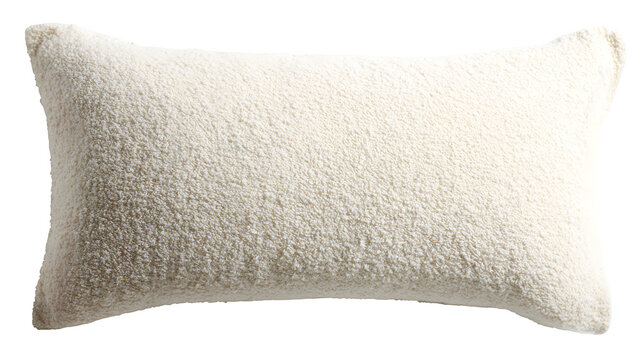 Soft white rectangular boucl&eacute; fabric throw pillow isolated for home decor on transparent background