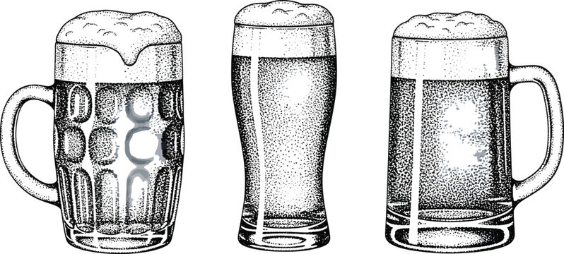 Set of Beer Glasses with Foam Stippling Illustration
