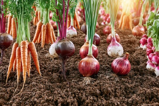 Freshly harvested organic root vegetables including carrots, beets, onions, and radishes growing in rich soil.