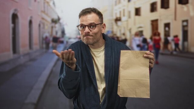 Man holding a paper bag and shrugging with open hand on a cobbled street while wearing robe and glasses; confusion plea.