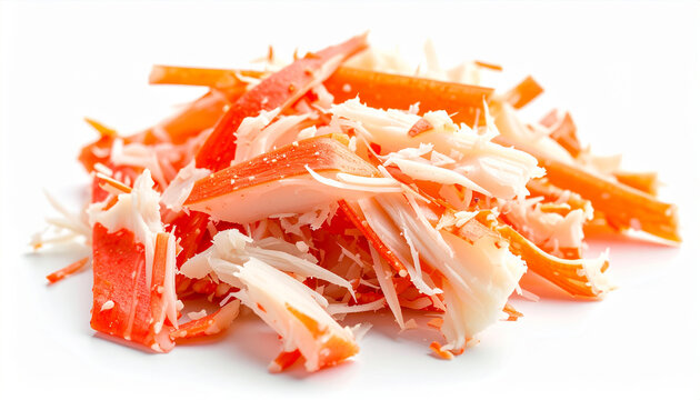 Fresh shredded crab meat isolated on white background, tasty culinary ingredient, gourmet seafood concept. Close-up.
