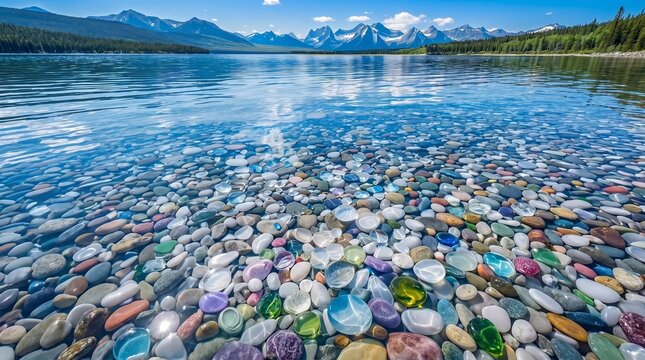 Crystal clear alpine lake showing colorful smooth pebbles at the bottom with snow-capped mountains in the background