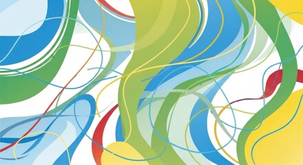 Fototapeta premium A colorful abstract design with blue, green, yellow, and red lines and shapes on a white background.