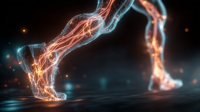 glowing neural and vascular network in human lower leg illustrating anatomy circulation and biomedical science