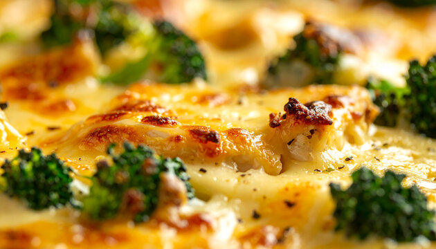 Cheesy baked chicken and broccoli casserole, golden crust, creamy sauce. Tasty food. Cooking and culinary concept. Close-up.