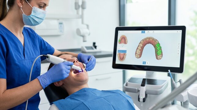 Dentist using digital scanner to scan patients teeth