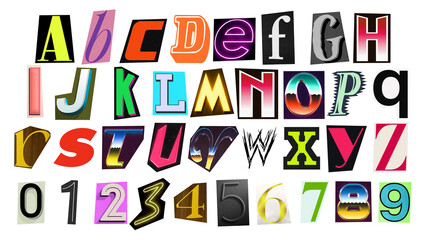 Ransom note alphabet and numbers set isolated on black background, colorful mixed magazine cutout letters with vintage collage style for poster, crime concept, punk design or graphic composition. © The Stock King