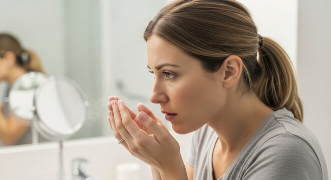 Young woman checking her breath in the bathroom mirror, oral hygiene and health care concept