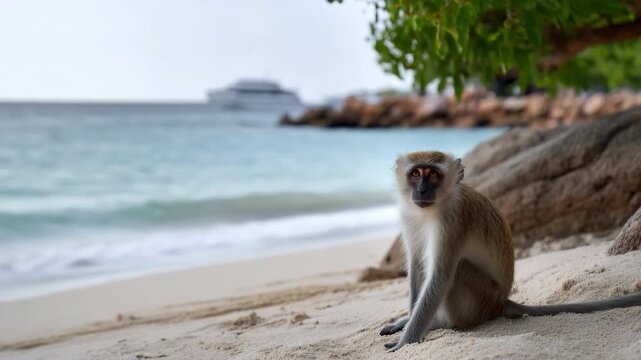 Monkey sitting on sandy beach near ocean under tree shade on tropical island