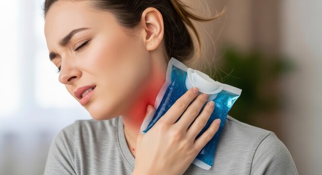 Young woman suffering from neck pain using cold gel pack for relief and treatment