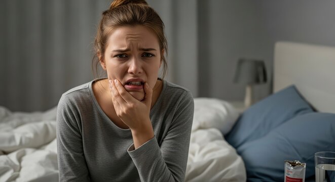 Young Woman Suffering from Severe Toothache or Jaw Pain Sitting on Bed at Night