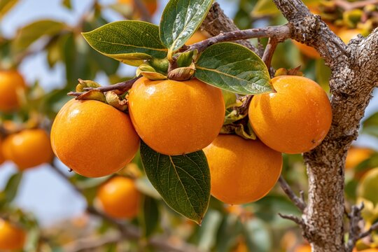 Ripe, vibrant orange persimmons hanging from a tree branch with green leaves in sunlight.