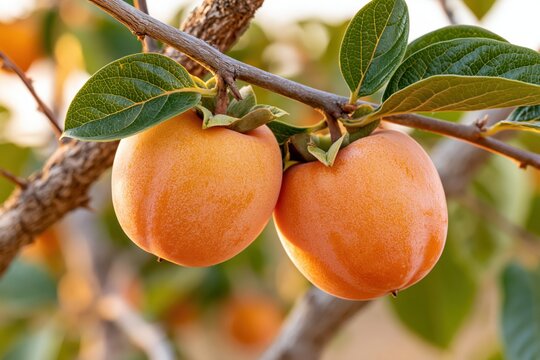Close-up of two ripe, vibrant orange persimmons hanging from a tree branch with green leaves.