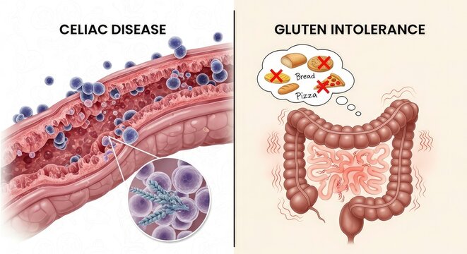 Medical illustration comparing Celiac Disease and Gluten Intolerance showing intestinal damage, immune response to gluten, and digestive system irritation.
