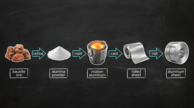 Industrial aluminum production infographic process flowchart showing the transformation of bauxite ore into refined aluminum sheet metal on a dark chalkboard background