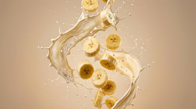 Potongan pisang segar melayang dan terciprat di dalam pusaran susu kental bernutrisi melambangkan energi dinamis dan gaya hidup aktif.