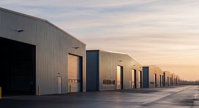 Row of empty industrial metal storage units at sunset with warm golden light and long shadows