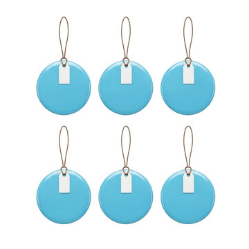 Set of six round light blue gift tags with white labels and brown string loops for decorative packaging or event organization and labeling isolated on a transparent background