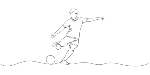 Fototapeta premium Continuous one-line drawing of a soccer player kicking a ball, capturing motion, power, and focus. Minimalist hand-drawn sports illustration, ideal for FIFA 2026, football events, posters.