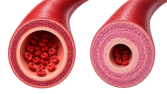Normal Blood Vessel vs Diabetic Blood Vessel Comparison, Diabetic Angiopathy and Vascular Damage, Ultra Realistic Medical Anatomy Illustration.