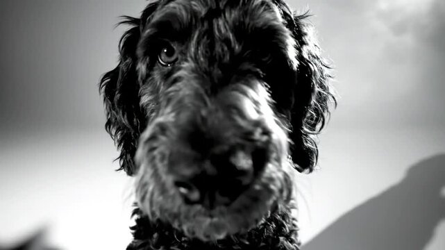 Black and white portrait of a curly-haired dog sitting and holding up its paw in a studio with bright lighting