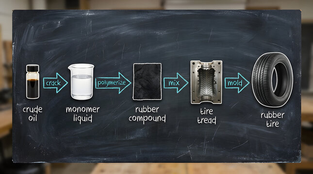 Industrial manufacturing process infographic showing crude oil conversion into synthetic rubber tires displayed on a chalkboard with arrows and descriptive text labels