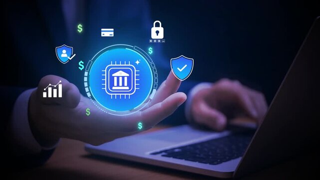 Fintech innovation and digital banking security concept. Businessman holding glowing bank interface with circuit board and financial icons for secure online investment, payment and data protection