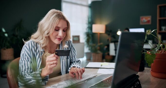 Happy, woman and office with credit card on laptop for online shopping, payment or purchase. Female person, shopper or ecommerce with debit or technology for wireless transaction or banking app