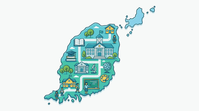 Map of Grenada with Icons Representing Education and Community.