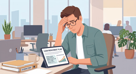 Naklejka premium Stressed young professional male sitting at modern office desk with head in hands surrounded by student loan statements and financial documents on laptop screen.