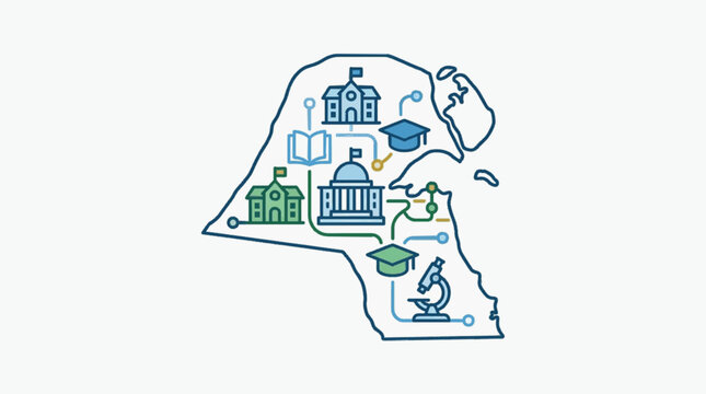 Kuwait map with educational institutions and symbols.