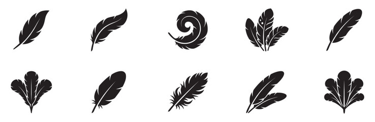 Fototapeta premium Feather silhouette icon set. Lightweight soft organic element collection. Vector illustration.