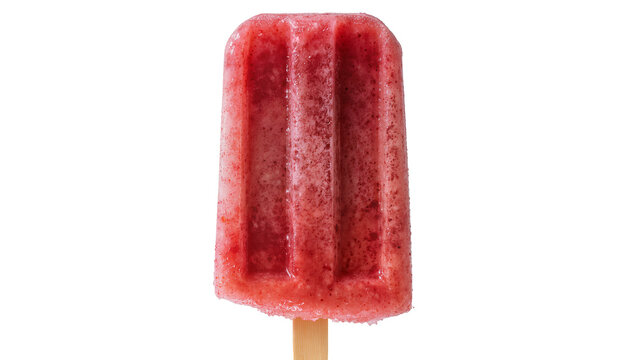 Red strawberry popsicle with visible fruit pieces, isolated on transparent background