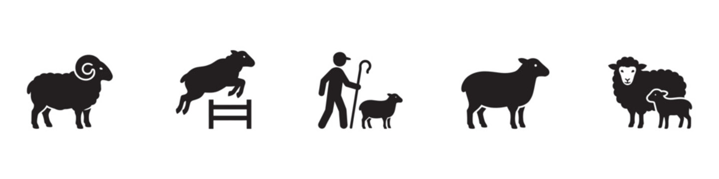 Sheep icon set. Shepherd with stick, lamb jumping, wool livestock breeding, rural agriculture symbols. Vector illustration.