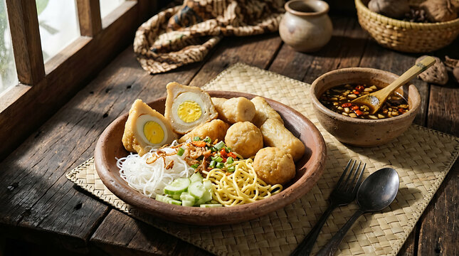 Authentic Indonesian Pempek Dish. Traditional Fish Cakes, Noodles, Eggs & Cuko Sauce. Southeast Asian Restaurant Menu.
